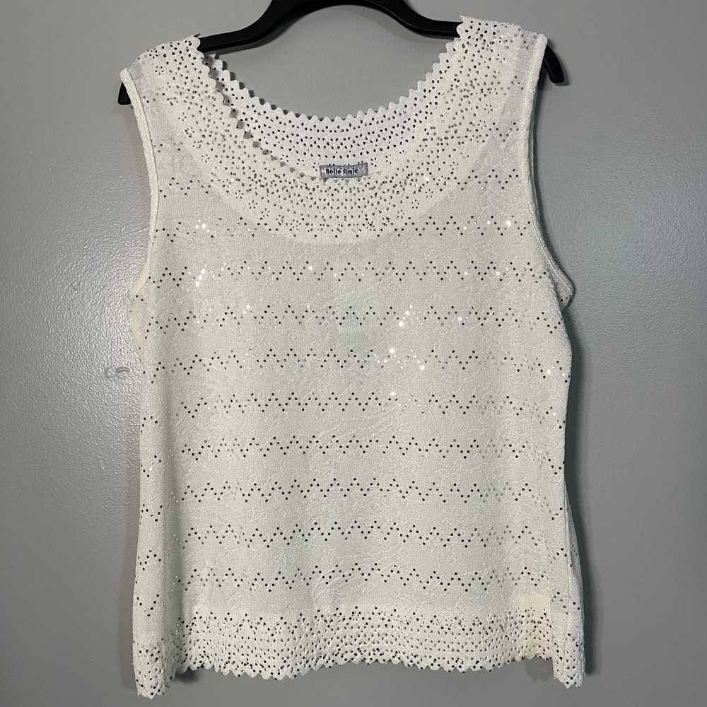 Belle Amie White Sequin Chevron Tank Top Scalloped Laser Cut Hem Large NWT Y2K